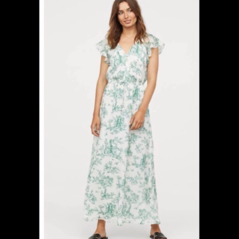 H&M White/Green Maxi Long Gauzy A-line Modest Cottagecore Butterfly Dress Size10
